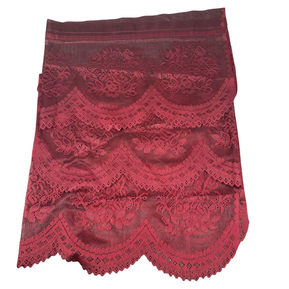 VTG 3 Burgundy Floral Lace Window Valances Scalloped Victorian Cottagecore 58x17